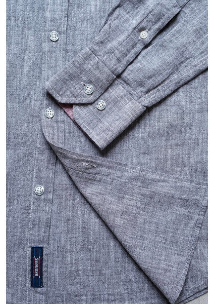 Erkek Tailored Fit Uzun Kol Logo Nakışlı Yıkamalı Pamuk Keten Gömlek Lindy Ls B01.251.709 - Gri