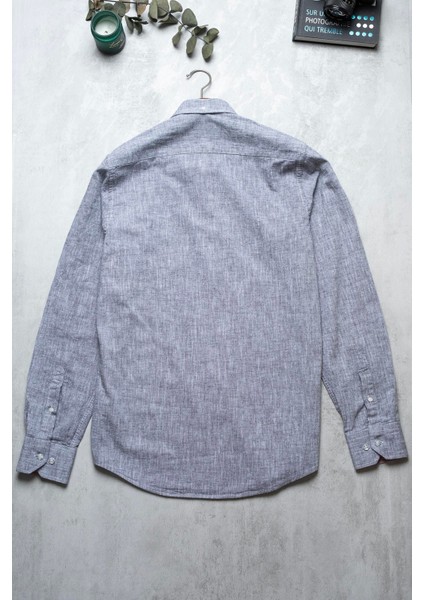 Erkek Tailored Fit Uzun Kol Logo Nakışlı Yıkamalı Pamuk Keten Gömlek Lindy Ls B01.251.709 - Gri