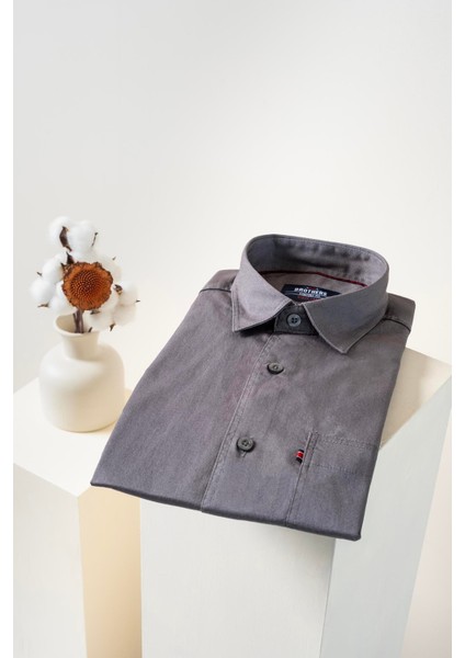 Erkek Comfort Fit Basic Kısa Kol Tek Cepli Yıkamalı Gabardin Gömlek Kansas Ss B01.251.428 - Füme