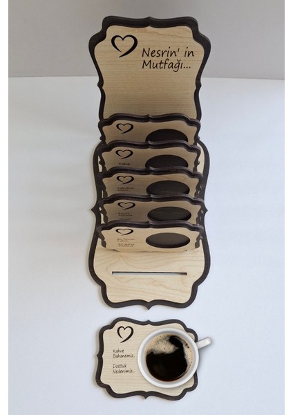 Kişiye Özel 6 Parça Birinci Sınıf Ahşap Lazer Kesim Bardak ve Kahve Altlığı Seti modelleri