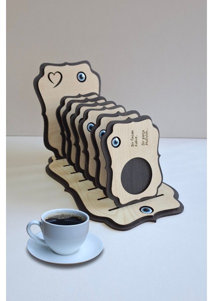 Kişiye Özel 6 Parça Nazarlı Birinci Sınıf Ahşap Lazer Kesim Bardak ve Kahve Altlığı Seti modelleri