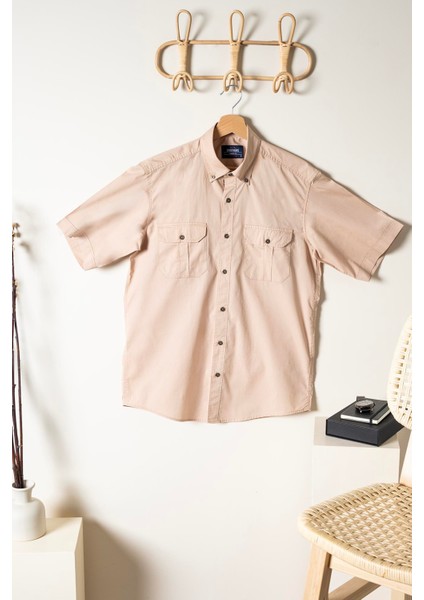 Erkek Comfort Fit Kısa Kol Çift Cep Kapaklı Yıkamalı Poplin Gömlek Fargo Ss B01.251.387 - Bej