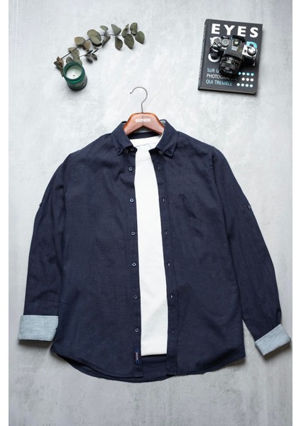 Erkek Tailored Fit Uzun Kol Logo Nakışlı Yıkamalı Pamuk Keten Gömlek Lindy Ls B01.251.709 - Lacivert