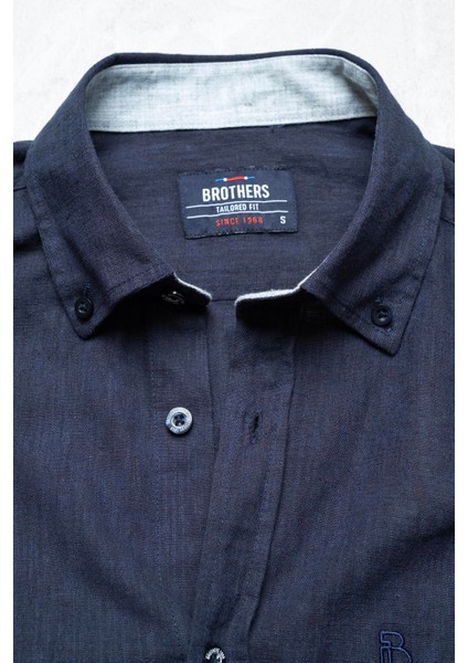Erkek Tailored Fit Uzun Kol Logo Nakışlı Yıkamalı Pamuk Keten Gömlek Lindy Ls B01.251.709 - Lacivert