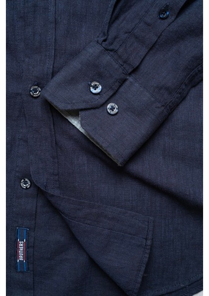 Erkek Tailored Fit Uzun Kol Logo Nakışlı Yıkamalı Pamuk Keten Gömlek Lindy Ls B01.251.709 - Lacivert