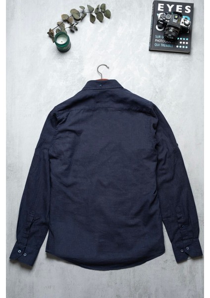 Erkek Tailored Fit Uzun Kol Logo Nakışlı Yıkamalı Pamuk Keten Gömlek Lindy Ls B01.251.709 - Lacivert