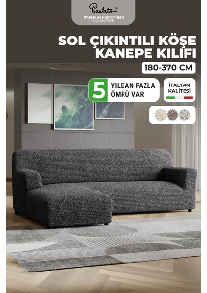 Lastikli Esnek ve Yıkanabilir Sol Çıkıntılı Koltuk Örtüsü Çekyat Kanepe Kılıfı - Gri