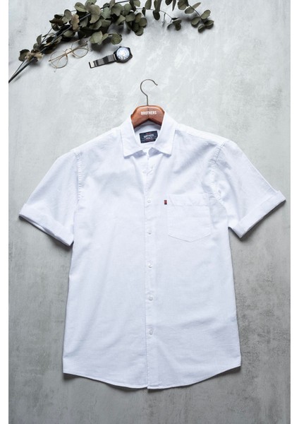 Erkek Comfort Fit Kısa Kol Tek Cepli Yıkamalı Pamuk Keten Gömlek Lunas Ss B01.251.609 - Beyaz