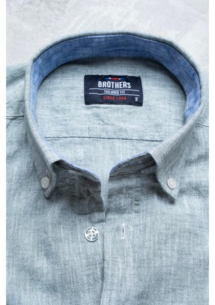 Erkek Tailored Fit Uzun Kol Logo Nakışlı Yıkamalı Pamuk Keten Gömlek Lindy Ls B01.251.709 - Haki