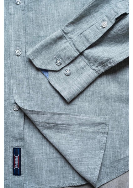 Erkek Tailored Fit Uzun Kol Logo Nakışlı Yıkamalı Pamuk Keten Gömlek Lindy Ls B01.251.709 - Haki