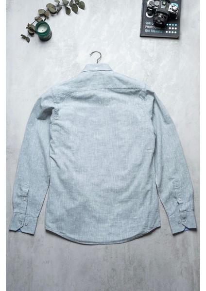Erkek Tailored Fit Uzun Kol Logo Nakışlı Yıkamalı Pamuk Keten Gömlek Lindy Ls B01.251.709 - Haki