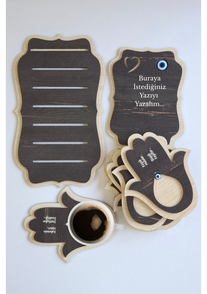 Kişiye Özel 6 Parça Birinci Sınıf Ahşap Lazer Kesim Bardak ve Kahve Altlığı Seti fiyatları