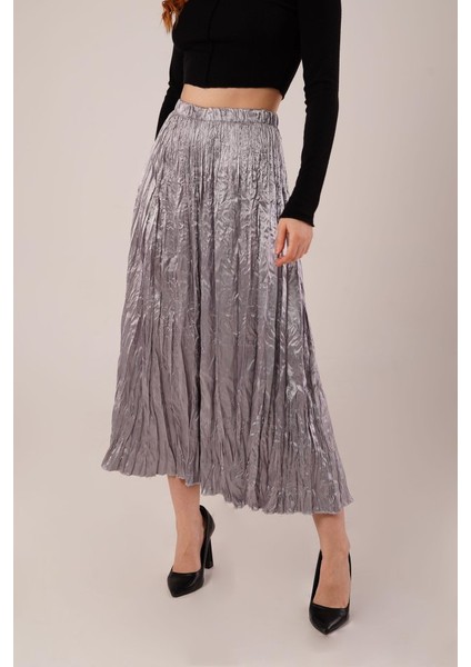 Midi Boy Pileli Saten Gri Etek fiyatları