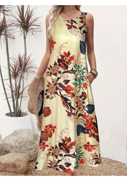 Kadın Askılı Yuvarlak Yaka Cepli Desenli Süprem Elbise fiyatları