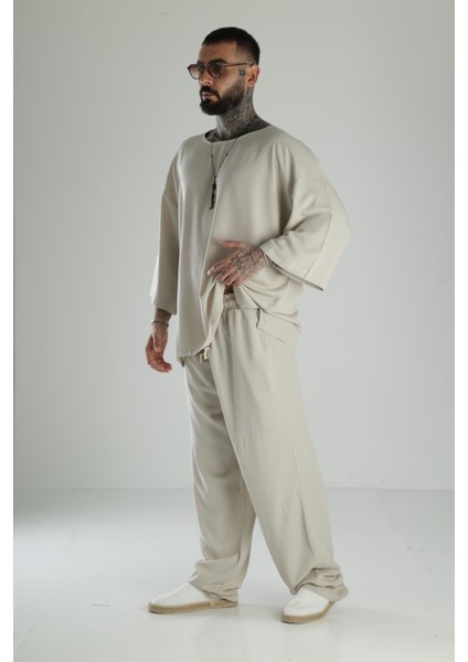 Oversize Bej Keten Takım
