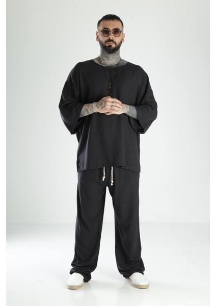 Oversize Siyah Keten Takım modelleri