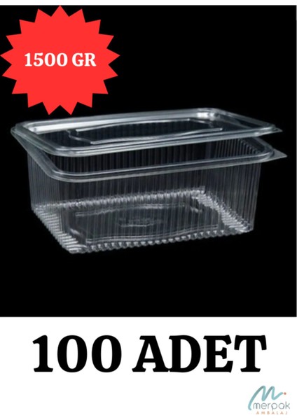 Plastik Saklama Kabı 1500 gr 100'LÜ Kapaklı Sızdırmaz Kap Şeffaf Kullan At Kase