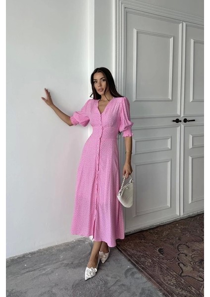 Pembe Arka ve Bel Ucu Gipeli Elbise