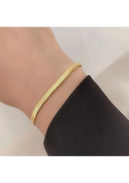 Çelik Bileklik Italyan Ezme Model 0.3 mm Genişlik 17 cm Uzunluk Altın Sarısı Gold