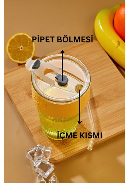 Premium Cam Bardak – Şerit Detaylı, Pipetli, Sızdırmaz Kapaklı / Sarı Şeritli