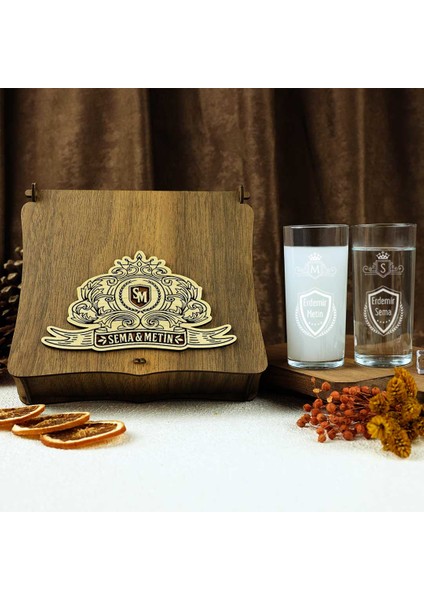 Ahşap Kutulu Retro Tasarımlı Kişiye Özel Rakı Kadehi Seti
