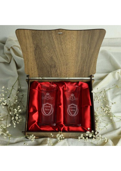 Ahşap Kutulu Retro Tasarımlı Kişiye Özel Rakı Kadehi Seti