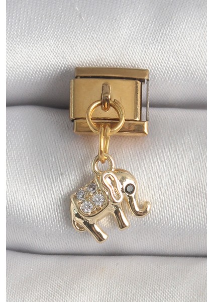 316L Çelik Gold Renk Sallantı Zirkon Taşlı Fil Model Nomination Charm
