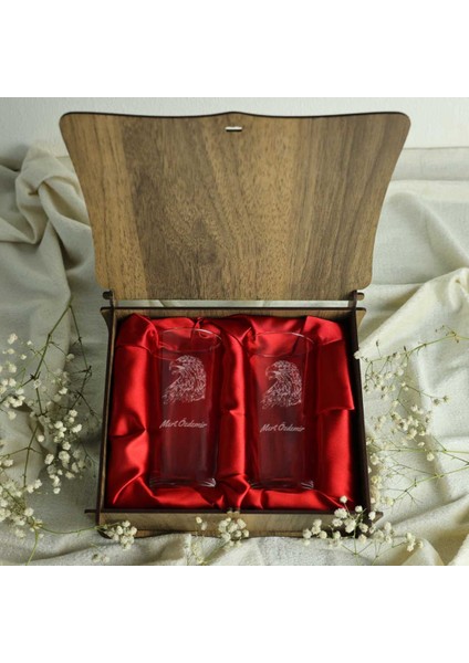 Ahşap Kutulu Kartal Desenli Isme Özel Rakı Kadehi Seti