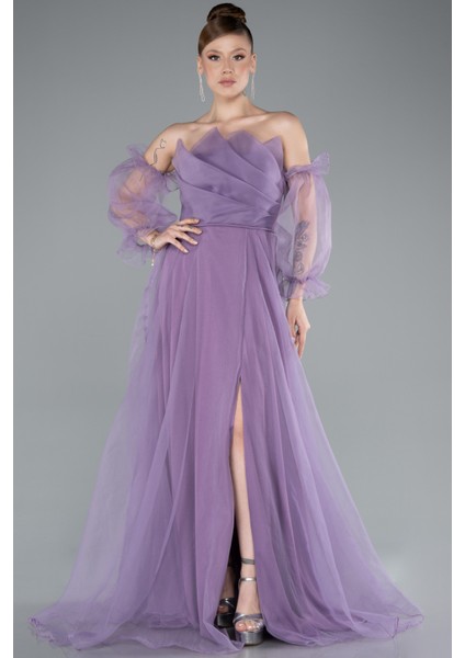 Straplez Kol Aksesuarlı Uzun Dalya Abiye Elbise ABU2076