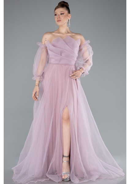 Straplez Kol Aksesuarlı Uzun Dalya Abiye Elbise ABU2076