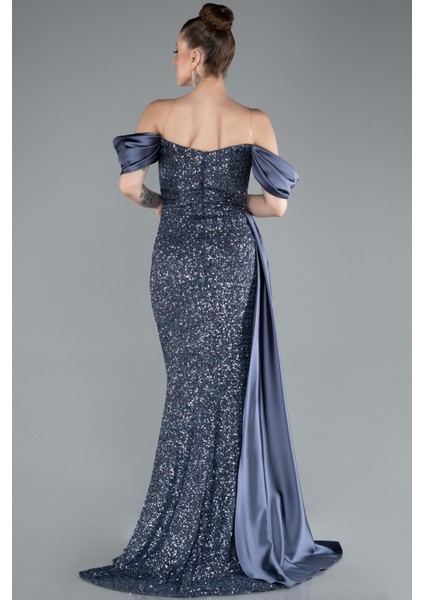 Kayık Yaka Yırtmaçlı Kuyruklu Uzun Pullu Abiye ABU4085 fiyatları