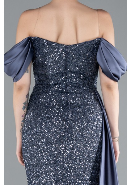 Kayık Yaka Yırtmaçlı Kuyruklu Uzun Pullu Abiye ABU4085 fırsatları