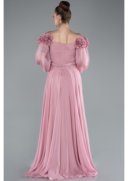 Çiçekli Kayık Yaka Yırtmaçlı Uzun Şifon Abiye ABU4130 fiyatları