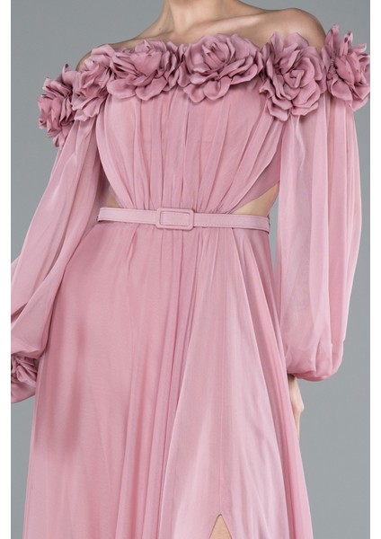 Çiçekli Kayık Yaka Yırtmaçlı Uzun Şifon Abiye ABU4130 modelleri