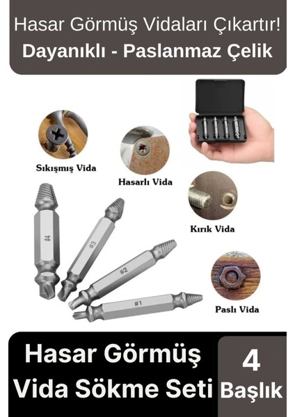 Premium Çok Amaçlı Paslanmaz Çelik Matkap Kırık Hasarlı Bozuk Vida Çıkarıcı Sökme Seti 4 Başlıklı