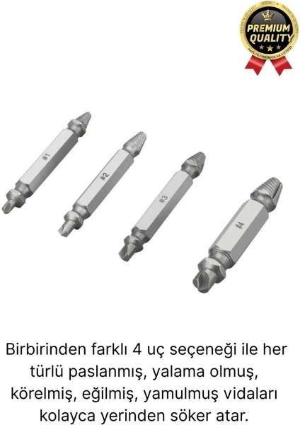 Premium Çok Amaçlı Paslanmaz Çelik Matkap Kırık Hasarlı Bozuk Vida Çıkarıcı Sökme Seti 4 Başlıklı fiyatları
