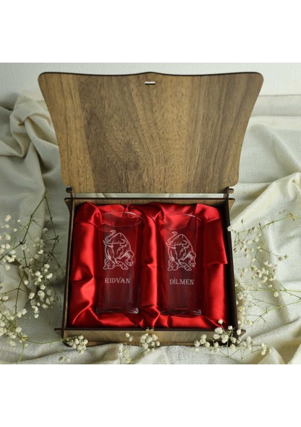 Ahşap Kutulu Boğa Figürlü Isme Özel Rakı Kadehi Seti