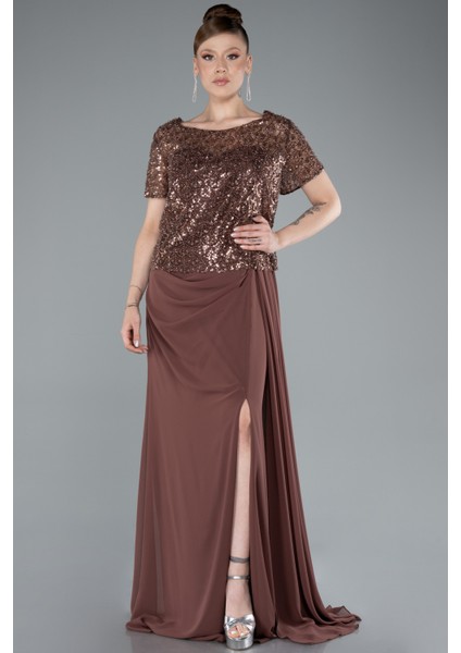 Kısa Kol Boncuklu Yırtmaçlı Uzun Büyük Beden Abiye ABU4806