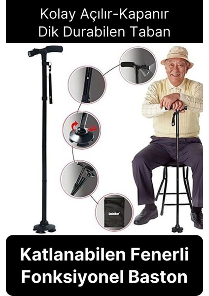 Premium Kalite Katlanabilir LED Işıklı Baston Yürüyüş Fenerli Ayaklı Kolay Açılıp Kapanan Kaymaz
