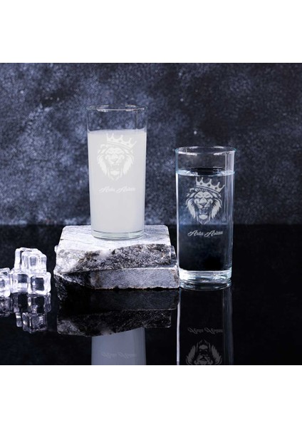 Ahşap Kutulu Aslan Desenli Isme Özel Rakı Kadehi Seti