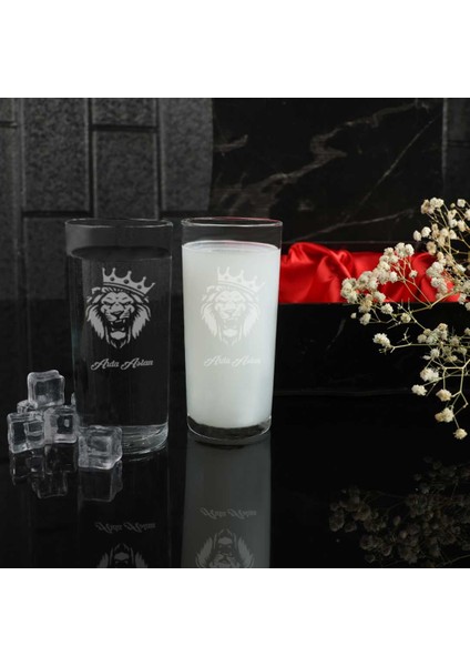 Ahşap Kutulu Aslan Desenli Isme Özel Rakı Kadehi Seti