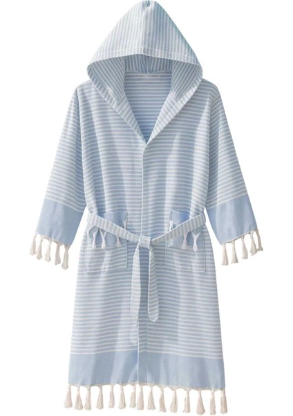 Kapşonlu Unisex Peştamal Plaj Bornozu %100 Pamuklu Marelina Mavi