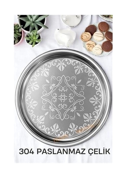 Servis Tepsisi - Çelik Çay Tepsisi Şık Desenli Tepsi 41 cm