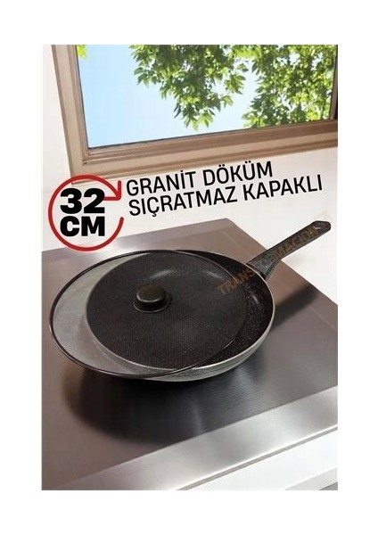 Granit Döküm Tava Yağ Sıçratmaz Kapaklı -Yapışmaz Taban 32 cm