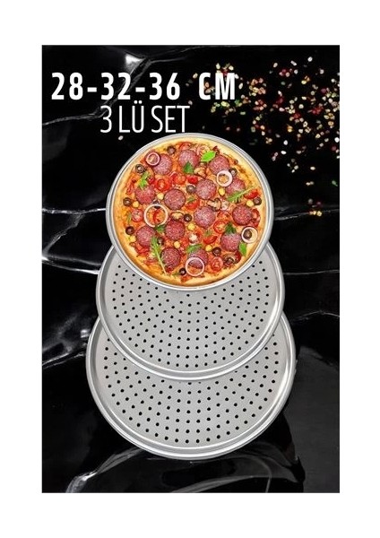 Delikli Pizza Lahmacun Tepsisi Çelik 28-32-36 cm 3 Lü Set