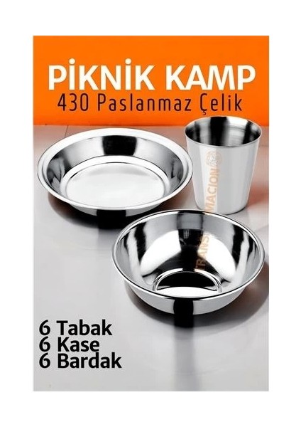 Paslanmaz Çelik Tabak Kase Bardak Seti Kamp Piknik Seti 18 Adet