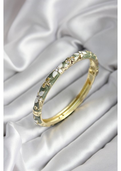 Erb Mineli Pirinç Yeşil Çiçek Desenli Zirkon Taşlı Gold Renk Kadın Kelepçe (Çap 60 Mm)