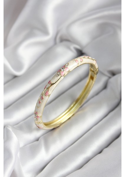 Erb Mineli Pirinç Bej Çiçek Desenli Zirkon Taşlı Gold Renk Kadın Kelepçe (Çap 60 Mm)