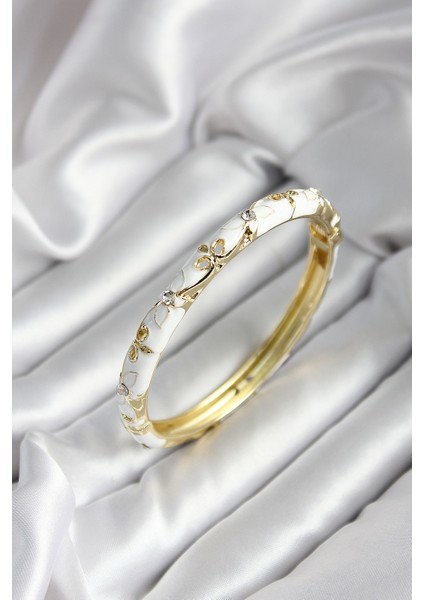 Erb Mineli Pirinç Beyaz Çiçek Desenli Zirkon Taşlı Gold Renk Kadın Kelepçe (Çap 60 Mm)
