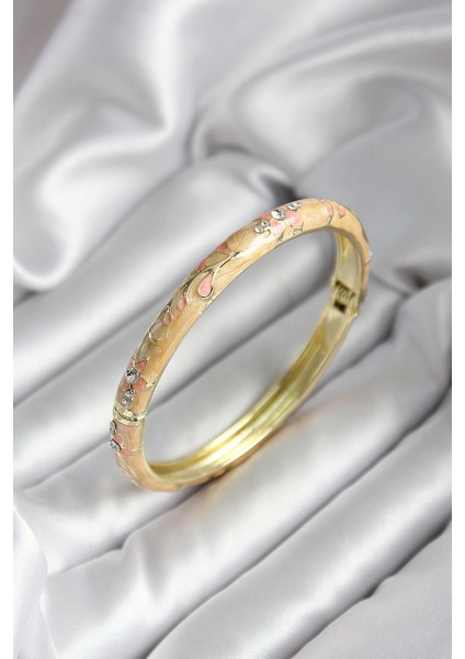 Erb Mineli Pirinç Krem Çiçek Desenli Zirkon Taşlı Gold Renk Kadın Kelepçe (Çap 60 Mm)